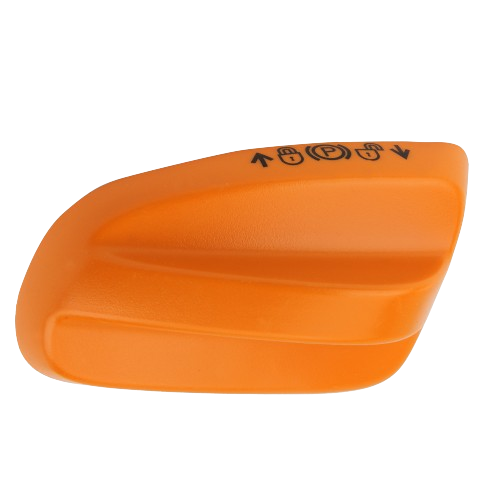 Bright orange parking brake knob with directional icons for John Deere equipment parts and accessories collection