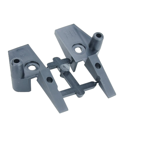 Pair of black plastic rear hood guides with mounting holes for automotive and John Deere body parts collections