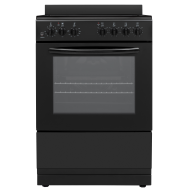 Black freestanding electric range with glass oven door and control knobs for compact kitchen appliances and home improvement