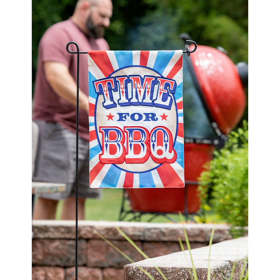Burlap garden flag with red, white, and blue design displaying "Time for BBQ" text for outdoor decor