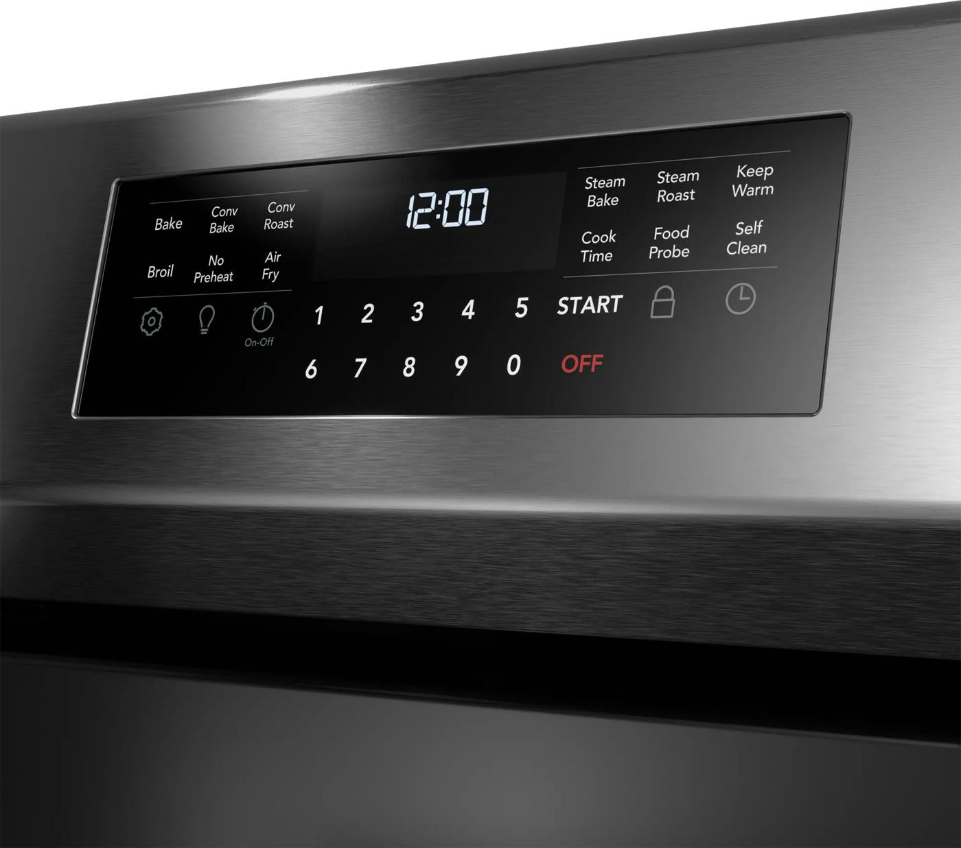 Control panel of stainless steel electric range with digital clock and multiple cooking mode buttons from Ranges collection