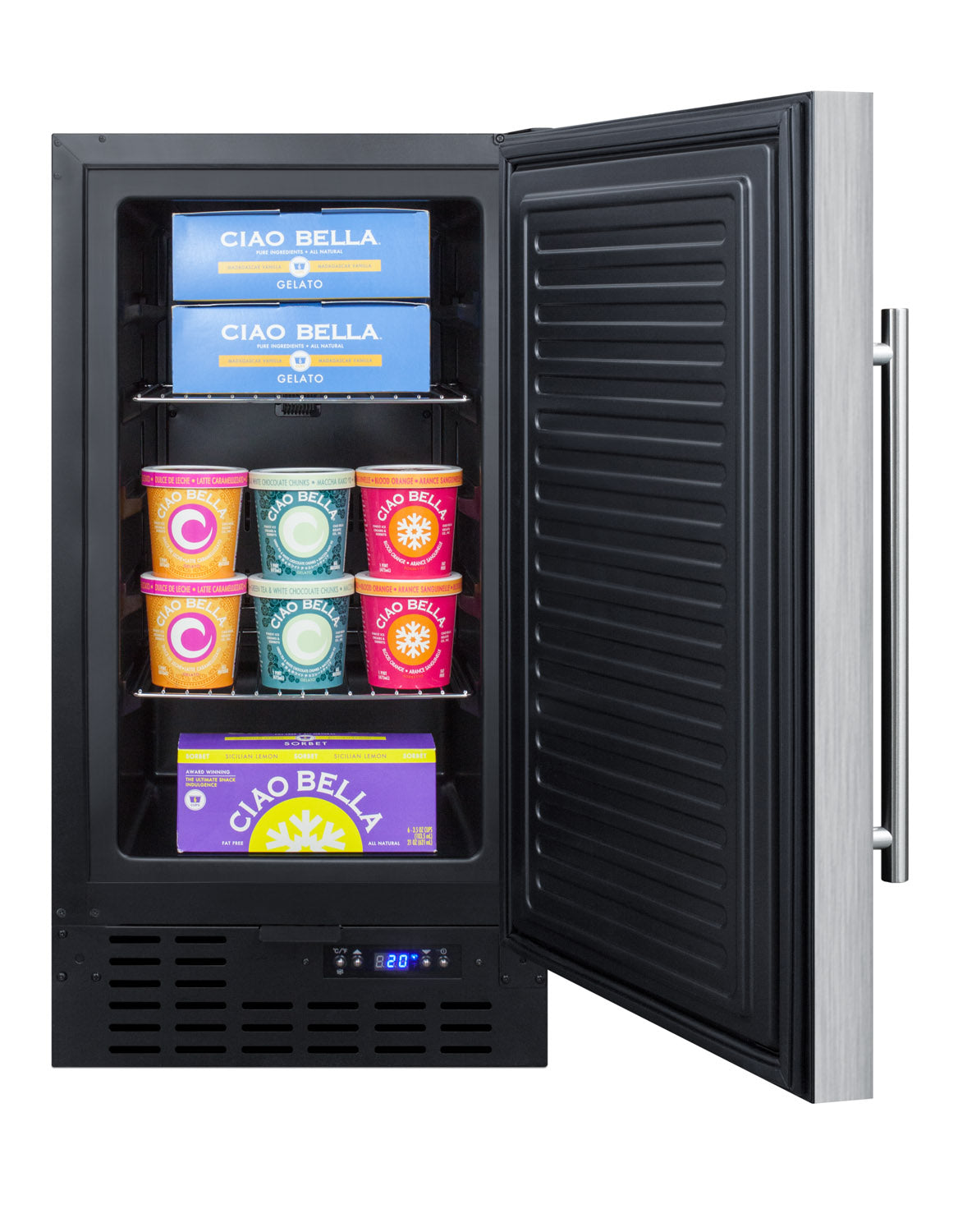 Built-in all-freezer with stainless steel door open revealing shelves stocked with gelato and frozen treats inside