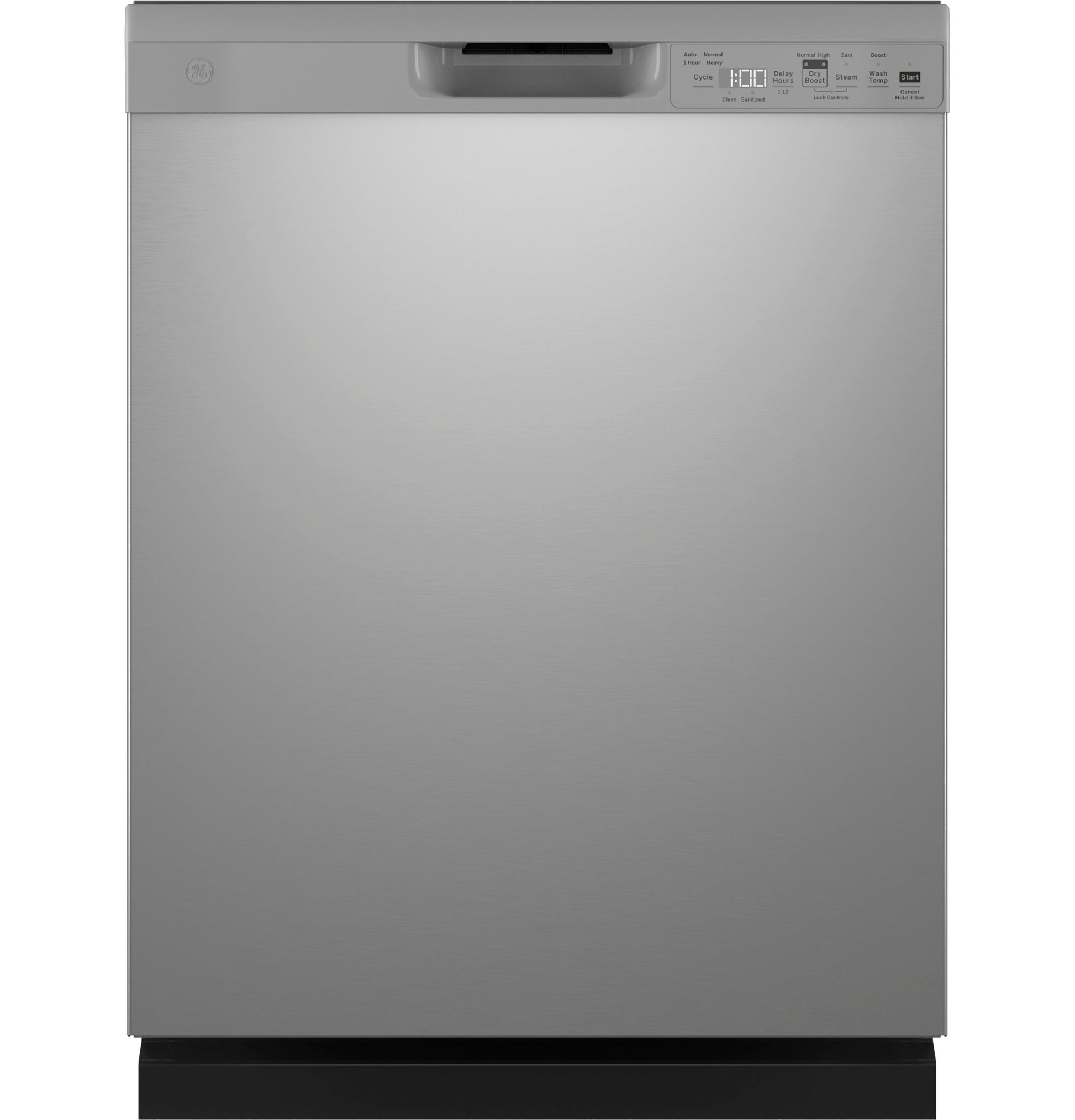 ENERGY STAR front control dishwasher with stainless steel exterior, digital display, and dry boost feature from kitchen appliances collection