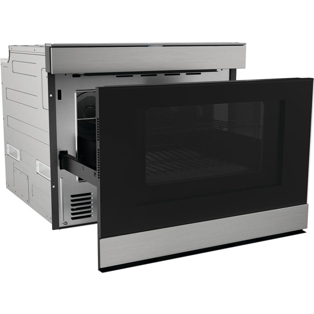 Built-in microwave drawer with convection feature, stainless steel and black flat panel for modern kitchen appliances.
