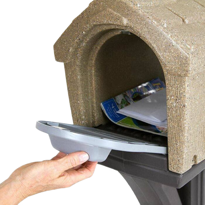 Hand opening durable rustic-style mailbox with textured tan finish for home improvement and outdoor use