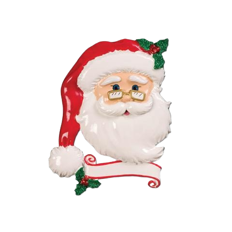 Jolly Santa face ornament wearing red hat with holly and glasses, featuring personalized banner from holiday collection under $50