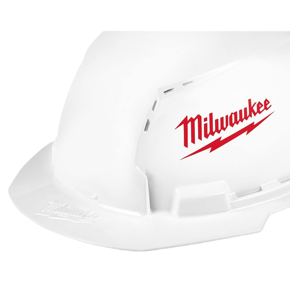 White vented front brim hard hat with 4-point ratcheting suspension for safety and protective head gear collections
