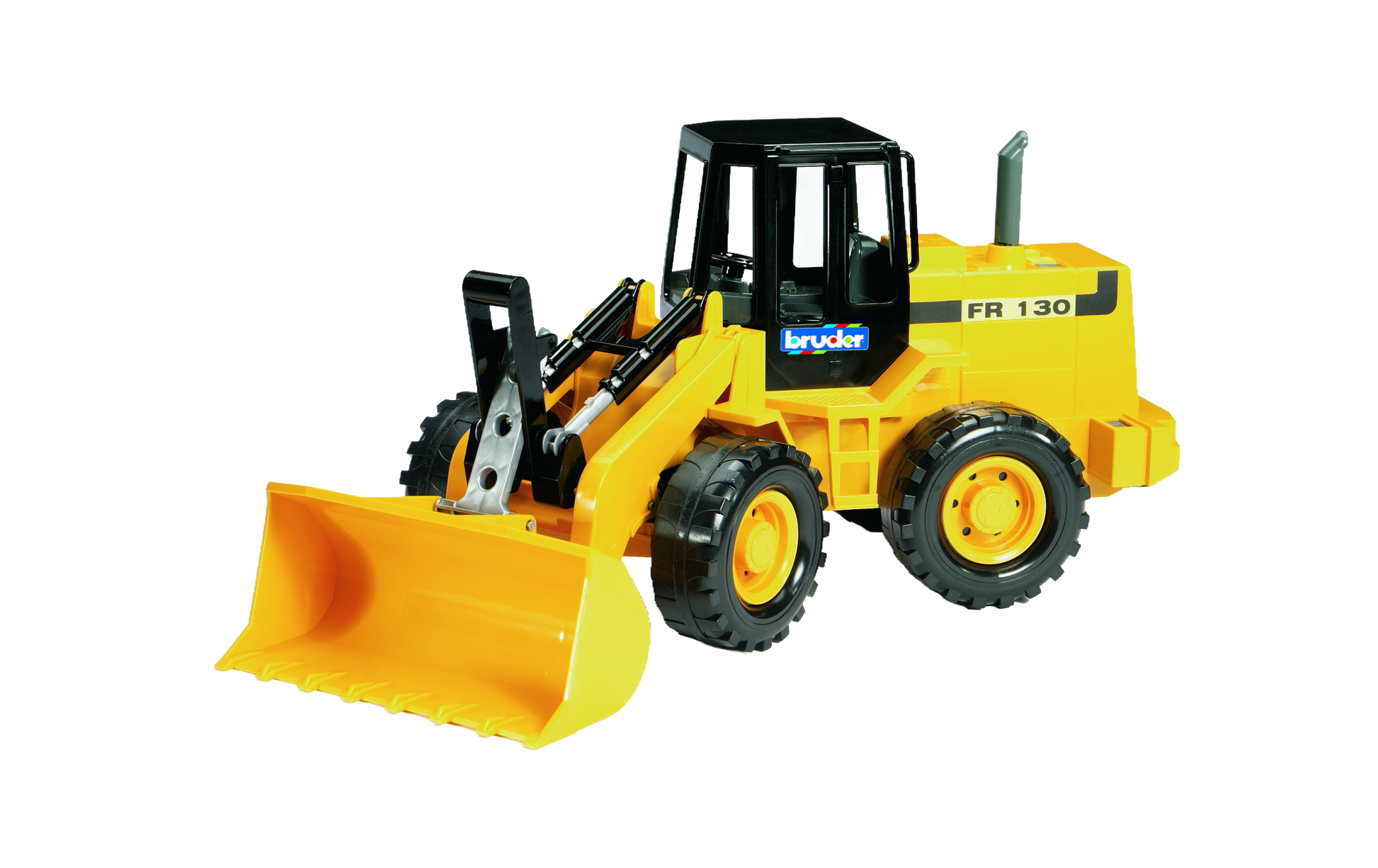 Yellow articulated wheeled loader toy with functioning bucket arm, part of Bruder Toys collection for kids aged three and up