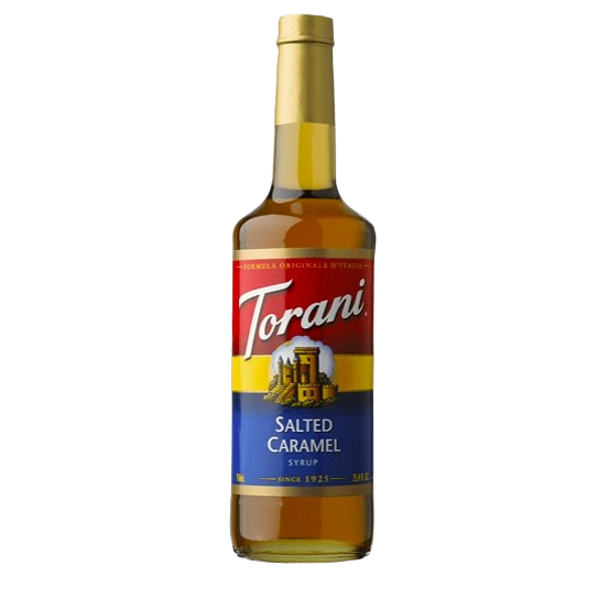 Glass bottle of salted caramel syrup with red, yellow, and blue label for beverage and dessert flavoring