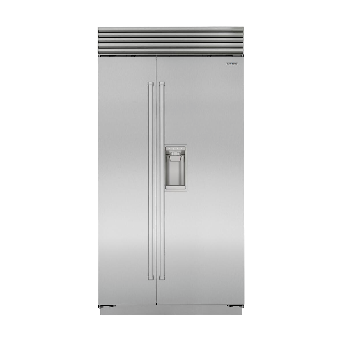 Front view of stainless steel side-by-side refrigerator with pro handles and built-in water dispenser in appliances collection