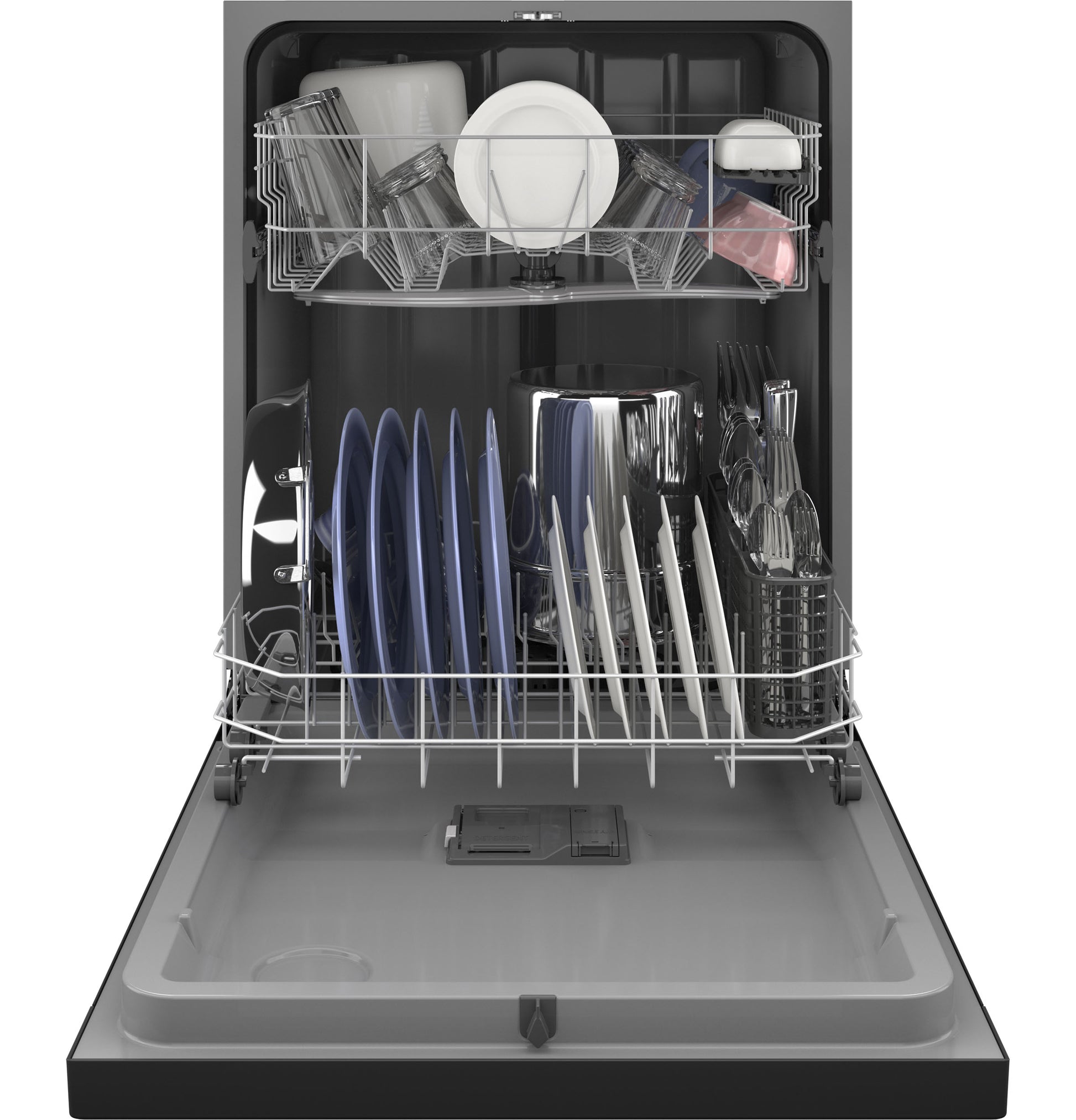 Open GE ENERGY STAR dishwasher loaded with plates, cups, and utensils from kitchen appliances and dishwashers collection