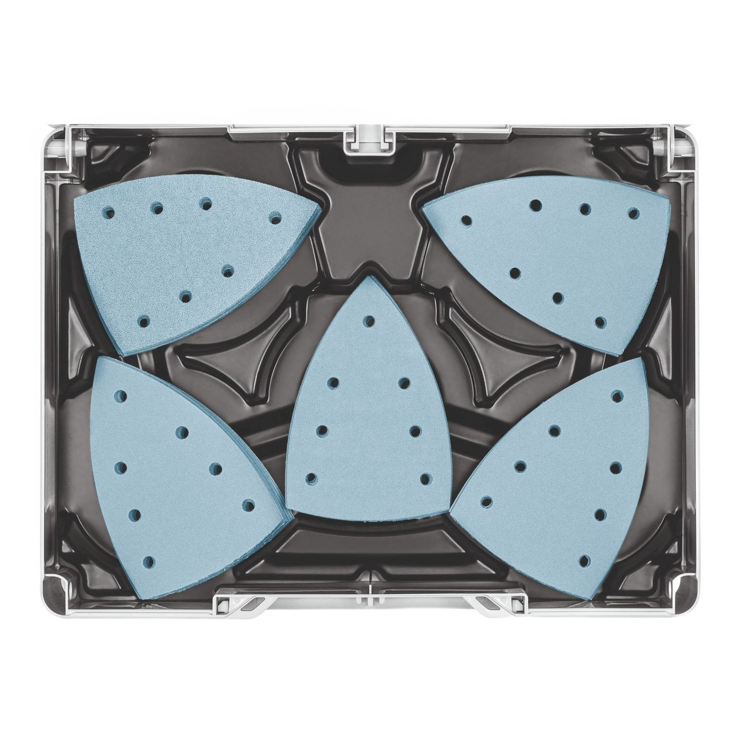 Clear plastic organizer with blue delta-shaped abrasives neatly arranged for woodworking tool storage and workshop use