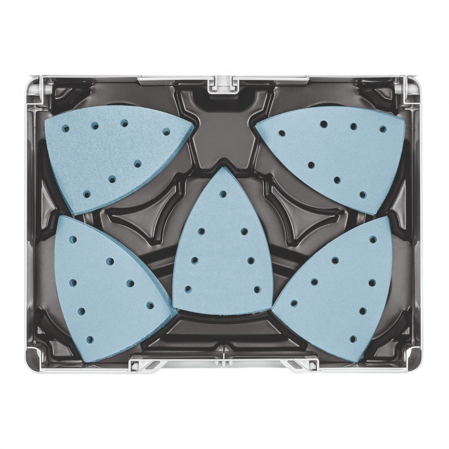Clear plastic organizer with blue delta-shaped abrasives neatly arranged for woodworking tool storage and workshop use