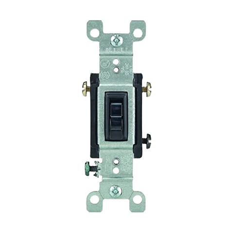 Black toggle 3-way switch with metal frame for electrical and home improvement projects under $50 collection.