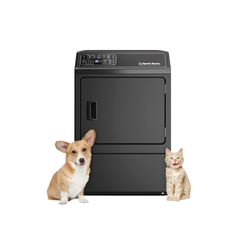 27-inch dark gray gas dryer with front control panel, accompanied by a dog and a cat from Dryers collection