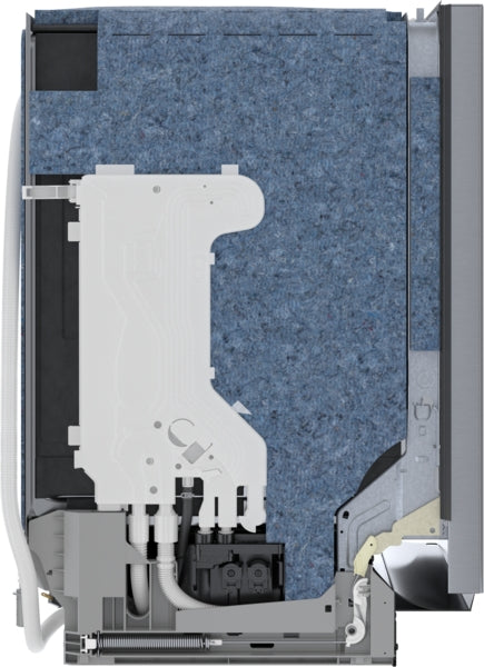 Cross-section view of dishwasher interior showing insulation, water connections, and mechanical components from Bosch Appliances collection