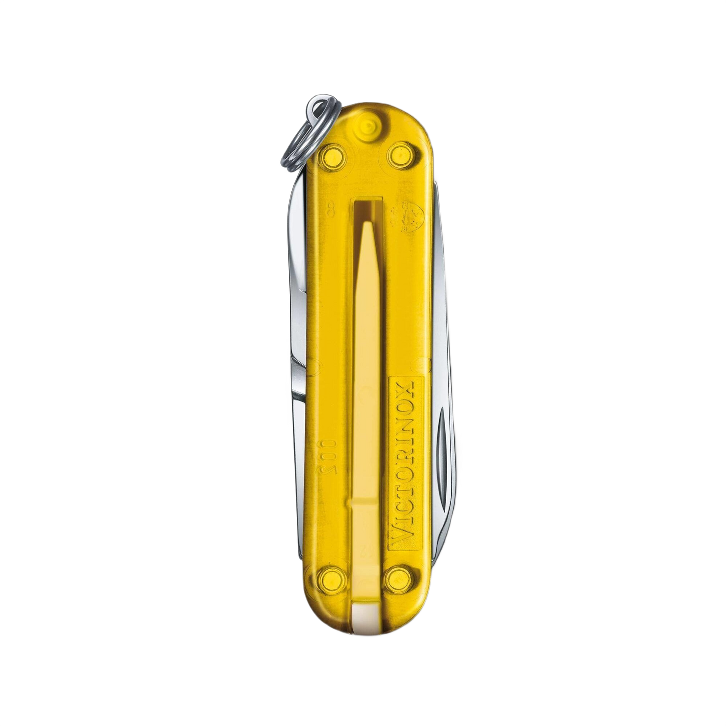 Compact transparent yellow multi-tool pocket knife with scissors, blade, and nail file for cutting and home improvement tasks
