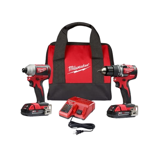 Compact red and black cordless drill and impact driver combo with charger and soft carrying bag for home improvement projects