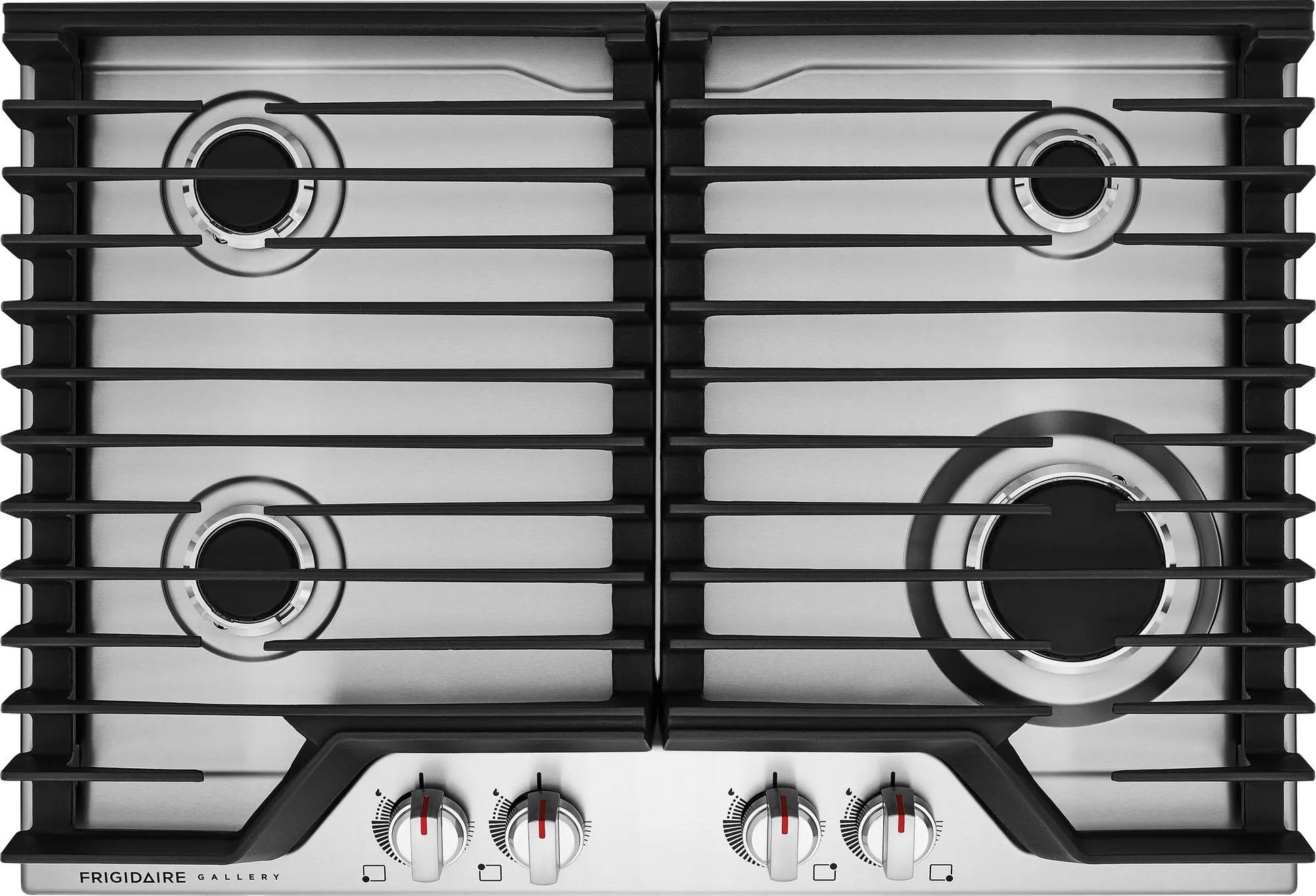 Top view of stainless steel gas cooktop with four burners and continuous black cast iron grates from Cooktops collection