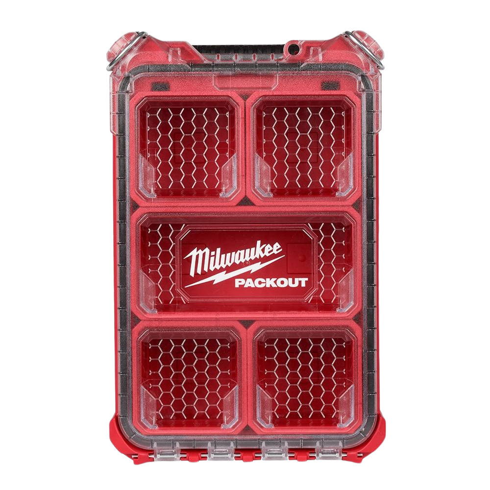 Red compact Milwaukee PACKOUT organizer with clear lid and multiple compartments for efficient tool storage and workshop use