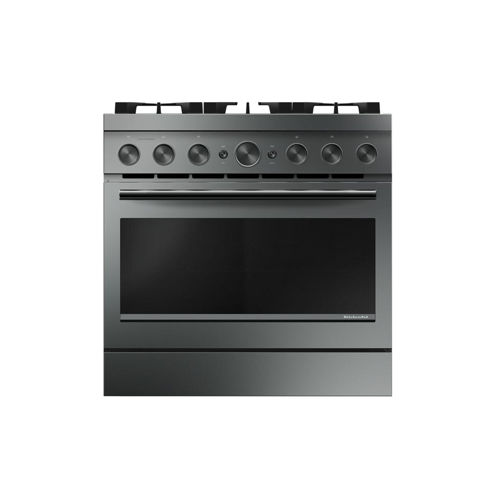 Professional-grade stainless steel range with six burners and large oven door in KitchenAid ranges collection