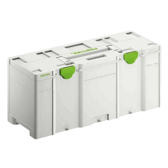 Large white interlocking tool storage box with green latches for workshop organization and tool chests collections