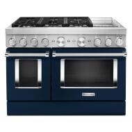48-inch commercial-style dual fuel range with six burners, electric griddle, and electric double ovens in blue and stainless steel