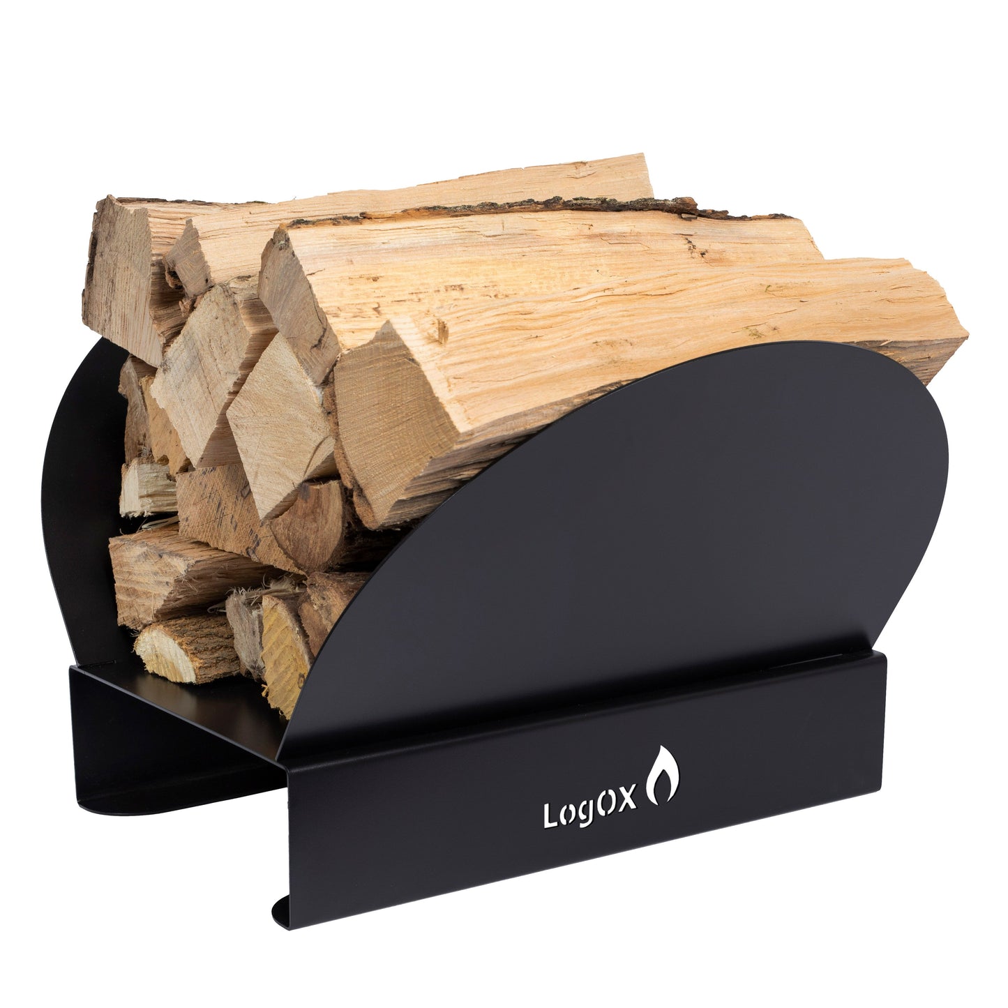 Black metal adjustable firewood rack holding stacked split logs for home hearth organization and storage
