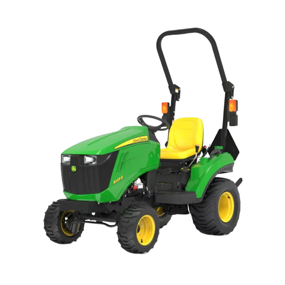 Compact green and yellow utility tractor with roll bar and heavy-duty tires for home improvement and landscaping tasks