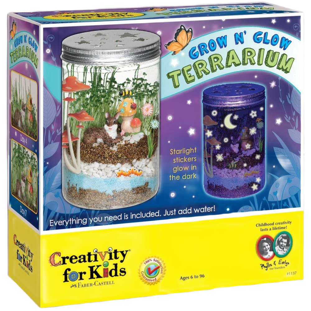 Craft kit for kids to create glowing terrariums with mason jar, glow-in-the-dark stickers in outdoor living collection