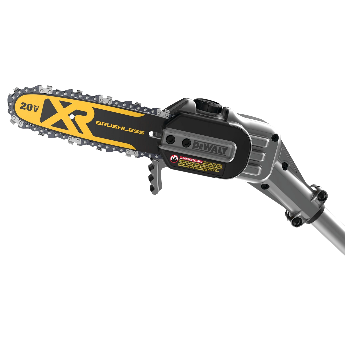 Close-up of a yellow and black cordless brushless pole saw bar and chain with extendable silver shaft for outdoor pruning and home improvement tools from Dewalt Outdoor Power.