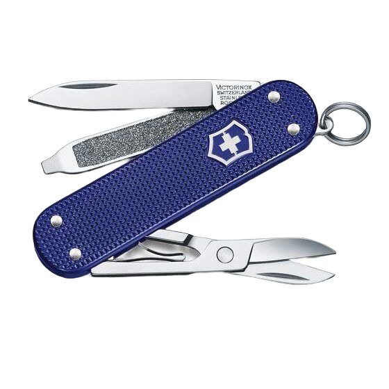 Compact multi-tool pocket knife with blue textured handle, featuring blades, nail file, scissors, and keyring attachment