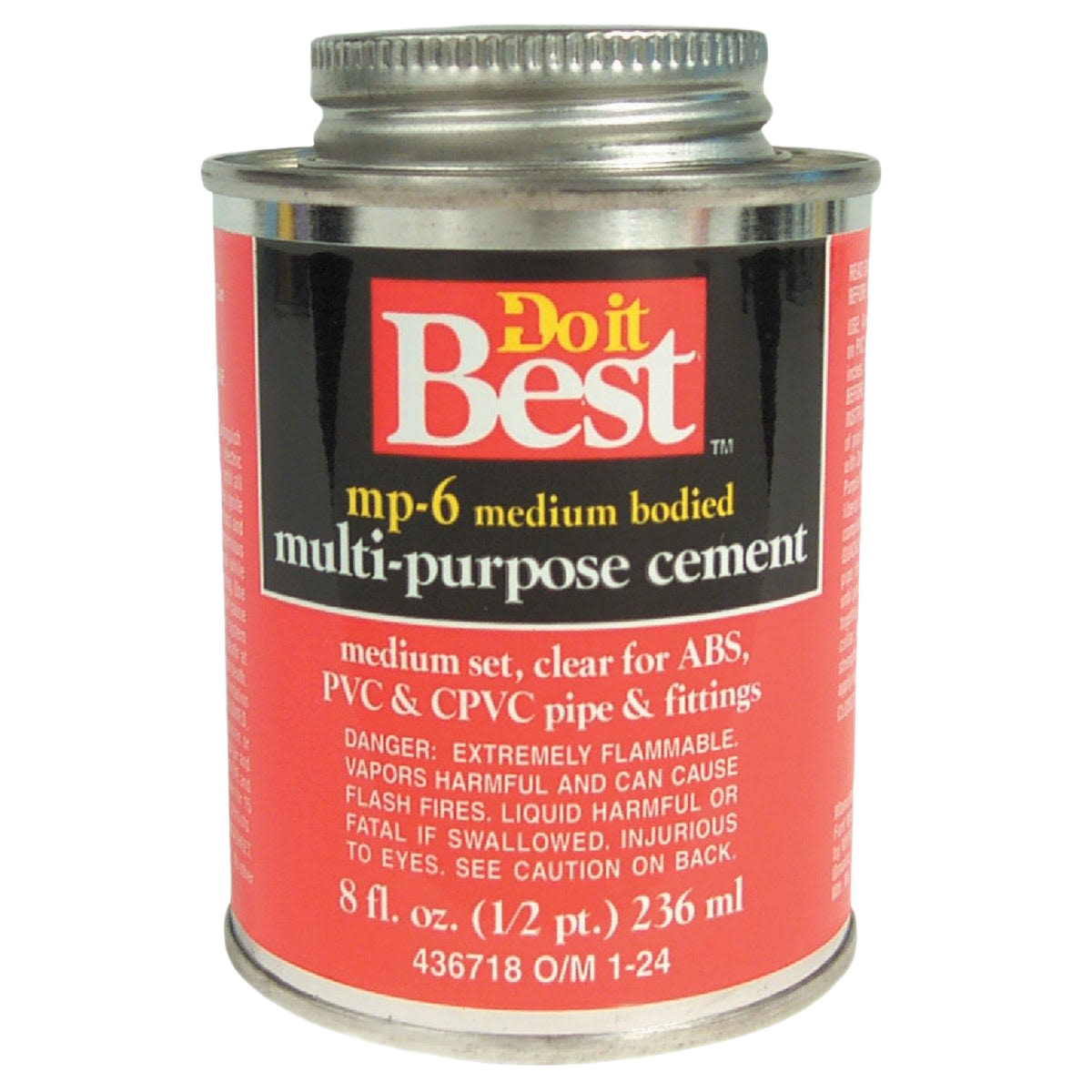 Metal can of clear medium bodied multi-purpose cement for PVC and ABS pipe repair in home improvement tasks