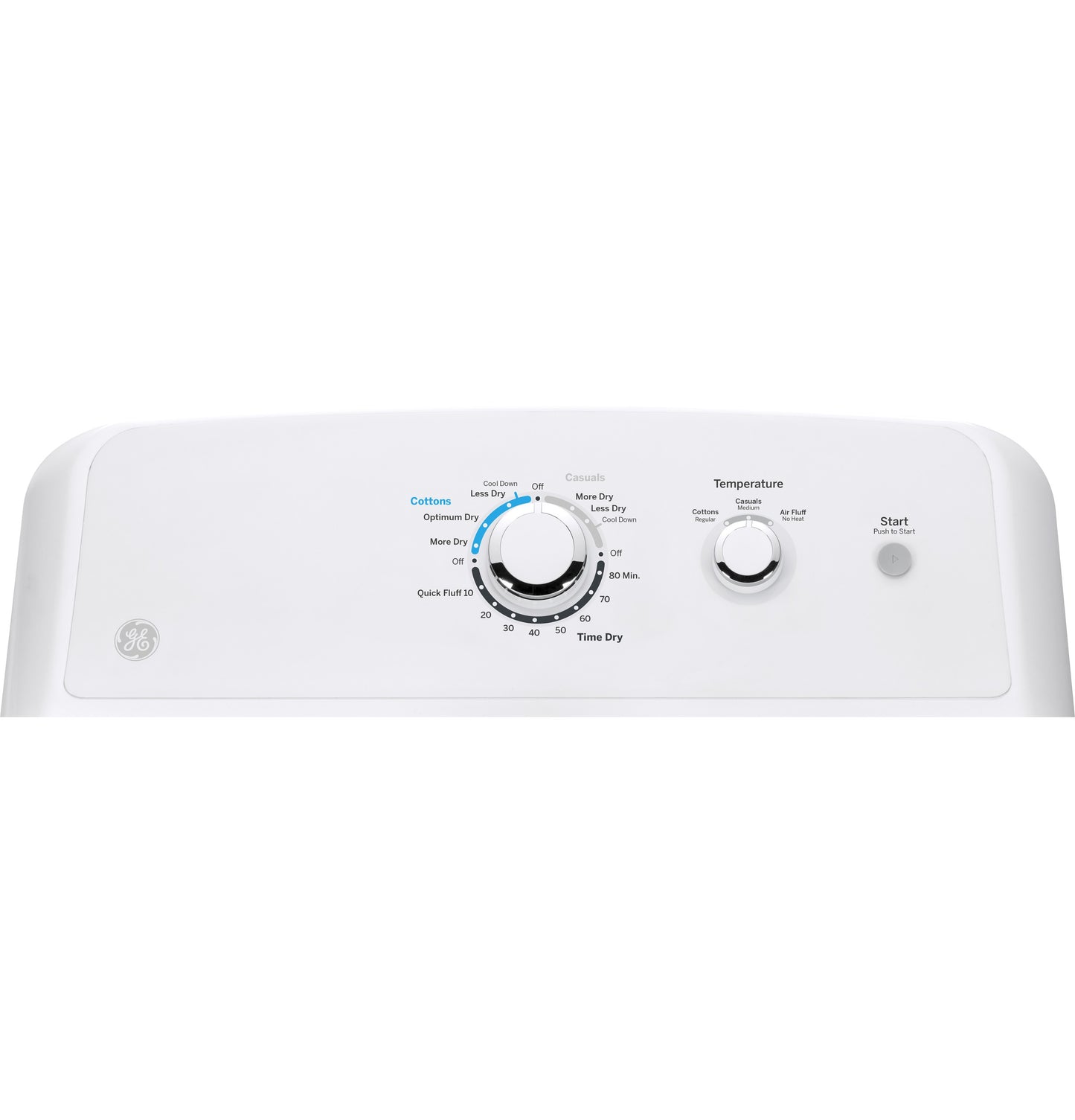 Control panel of white gas dryer with cycle selector and temperature knobs from Dryers and Gas Dryers collections