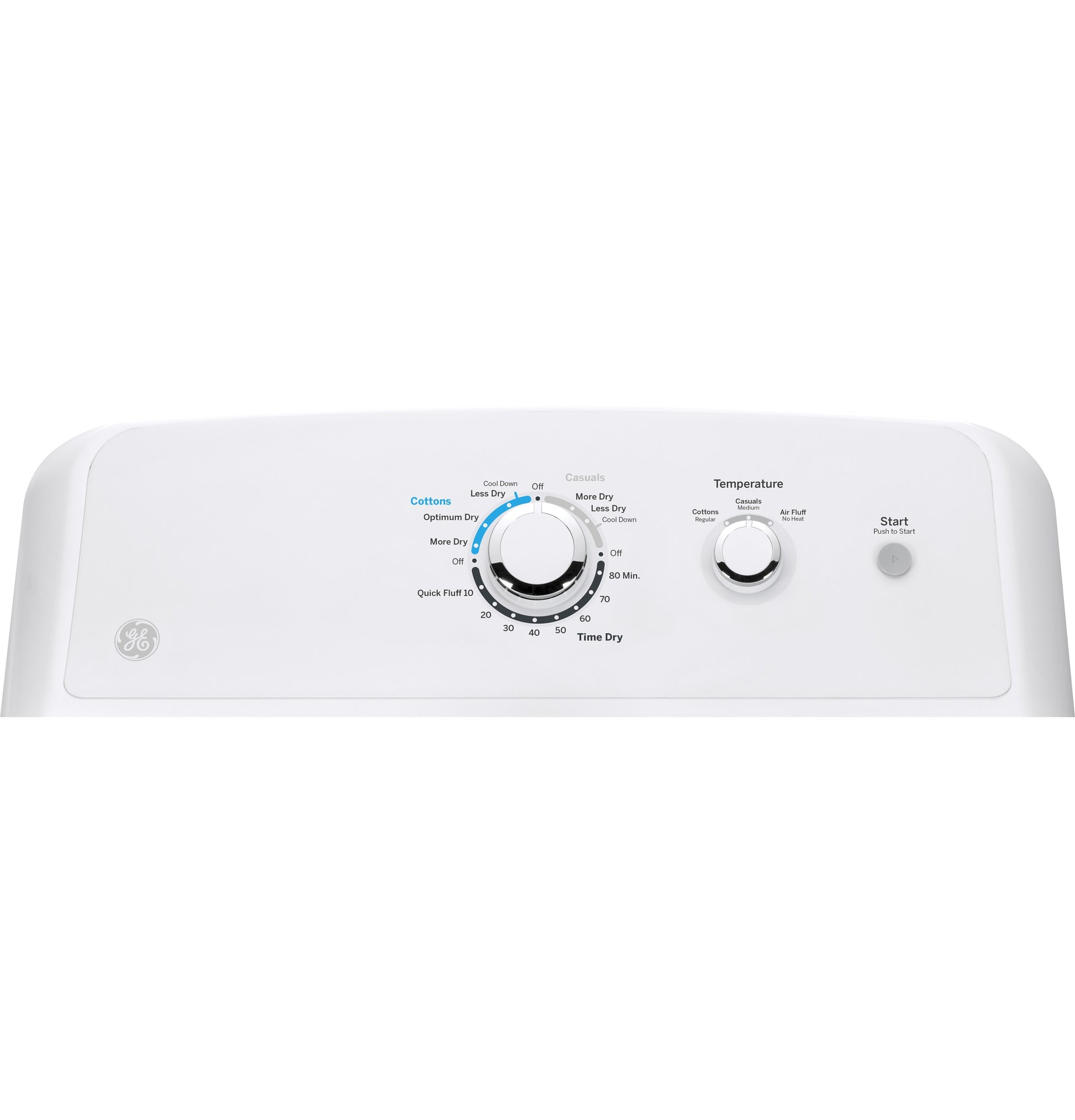 Control panel of white gas dryer with cycle selector and temperature knobs from Dryers and Gas Dryers collections