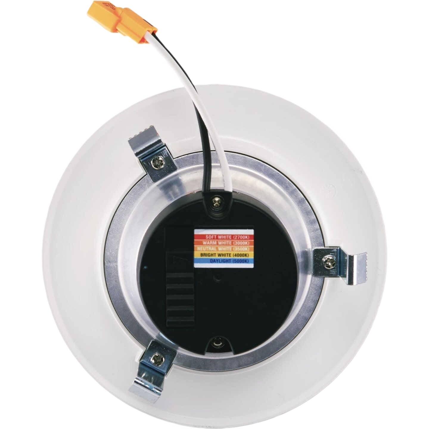 White 4-inch LED retrofit downlight with color temperature selection and metal mounting clips for electrical projects