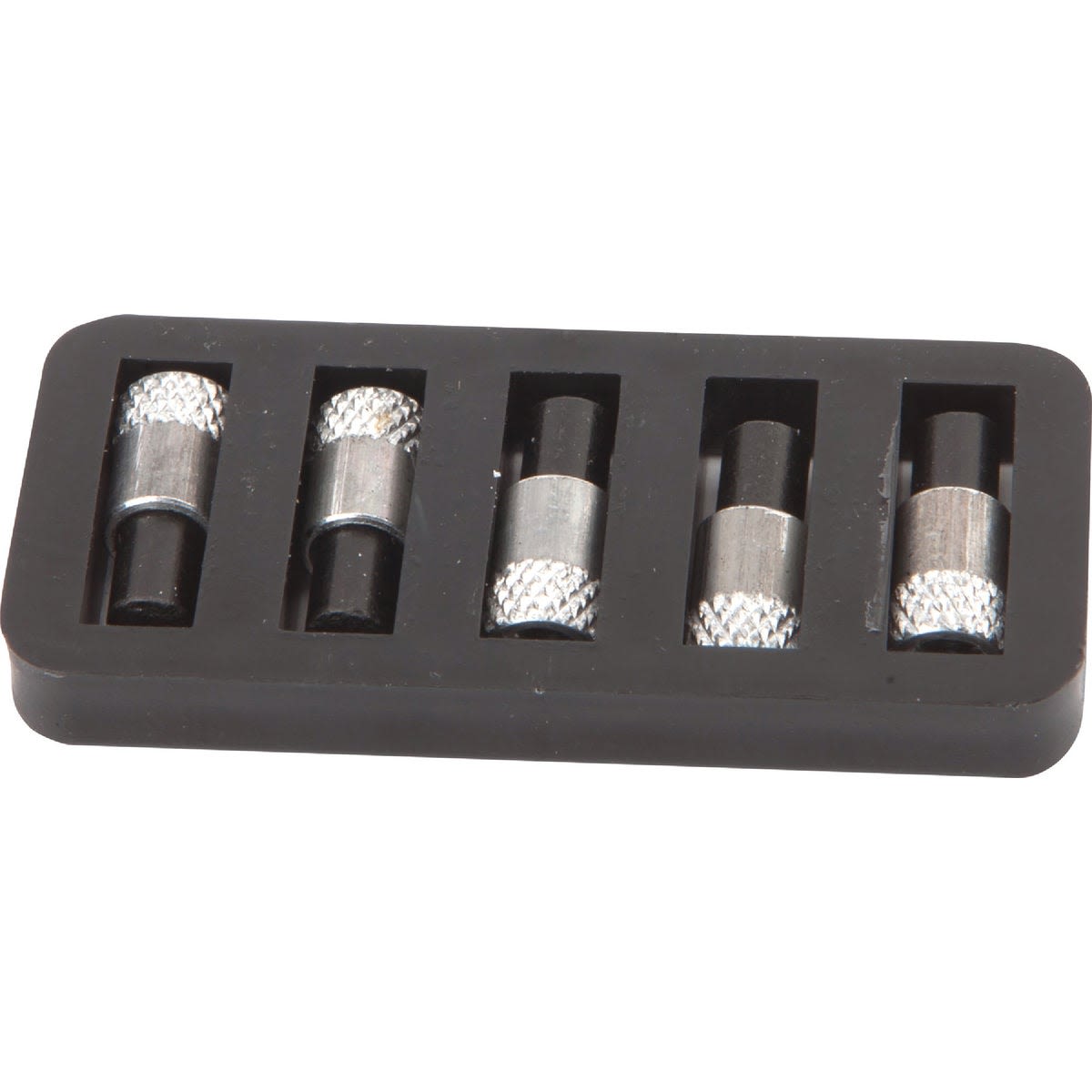 Set of five metal replacement flints with knurled grip, organized in a black plastic tray for easy access.