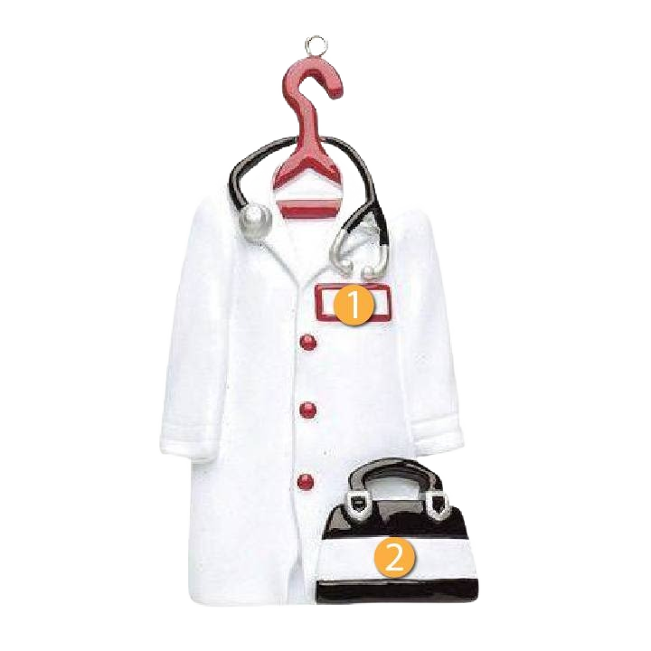 White doctor coat ornament on hanger with stethoscope and black-and-white bag for Christmas tree decor under $50