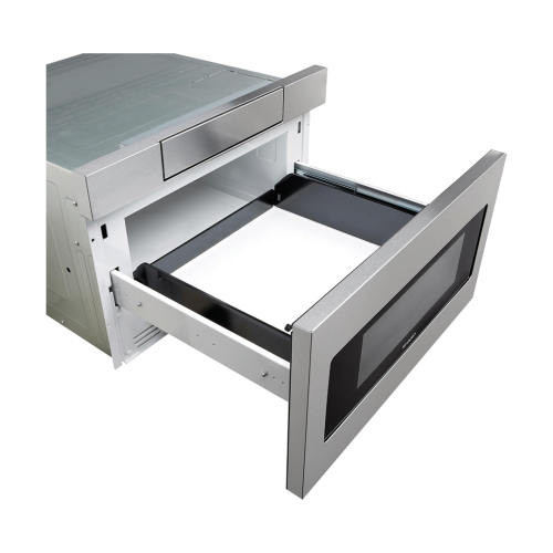 Open stainless steel microwave drawer with flat panel design in built-in microwaves and kitchen appliances collection