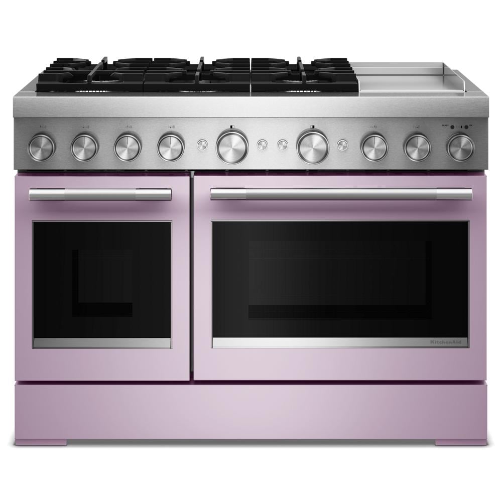 48-inch dual fuel range with six gas burners and electric double ovens in a lavender finish for kitchen use
