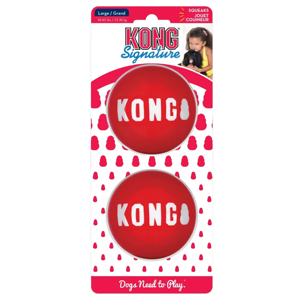 Two durable red rubber balls with white lettering for interactive dog play in pet toys collection