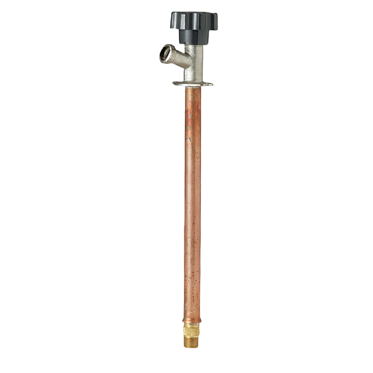 Copper frost free wall hydrant with black plastic valve handle for outdoor home improvement use