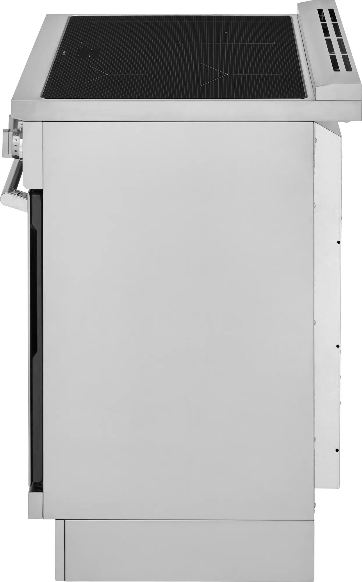 Side view of a sleek stainless steel induction freestanding range with smooth cooktop surface in kitchen appliances collection