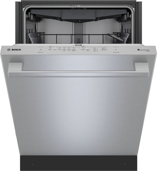 Open stainless steel dishwasher with anti-fingerprint door and visible control panel for kitchen appliance upgrades