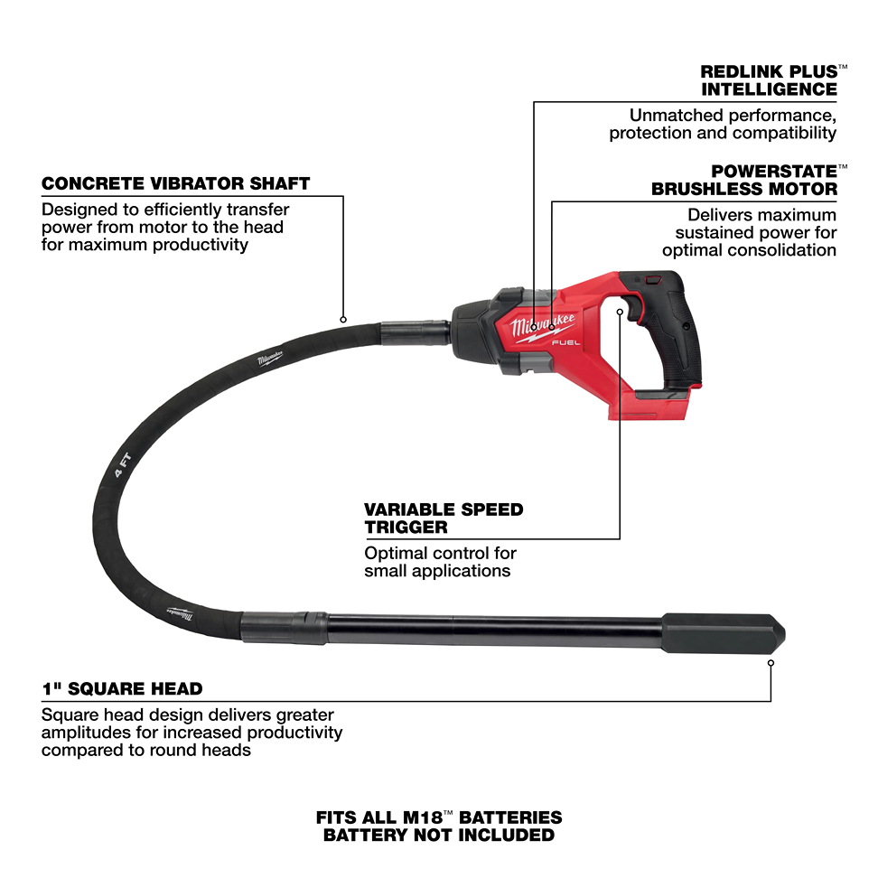 Red and black cordless concrete pencil vibrator with flexible shaft and brushless motor for tools and home improvement