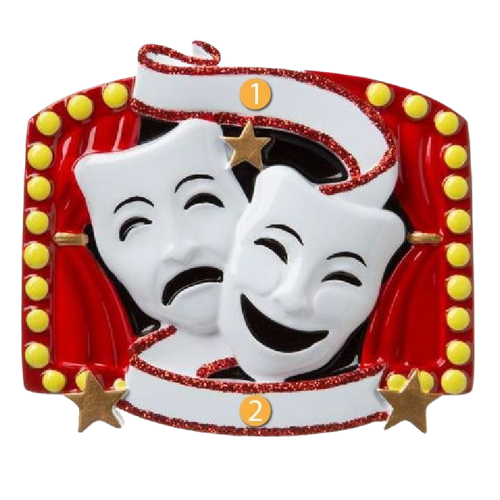 Theatre masks ornament with glitter accents and red curtains from Christmas Ornaments & Tree Decorations under $50 collection