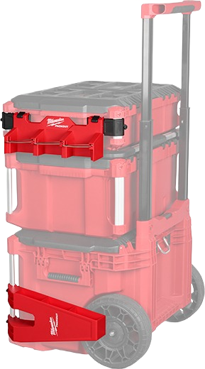 Red Milwaukee PACKOUT™ long tool holder attachment securing longer tools on modular jobsite storage system.