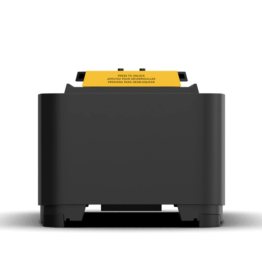 Black compact power pack with yellow unlocking latch designed for tools and home improvement applications