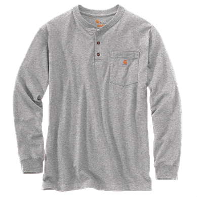 Men’s loose fit heavyweight long-sleeve henley in light gray with front chest pocket displaying logo patch and three-button placket, part of under $50 men’s tops collection.