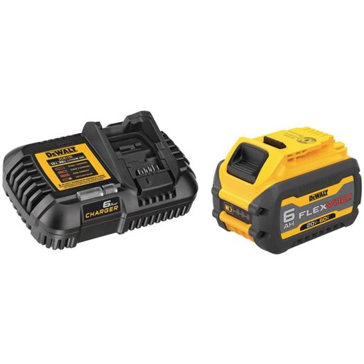 Yellow and black Flexvolt battery pack and charger combo for cordless power tools in home improvement and tools use